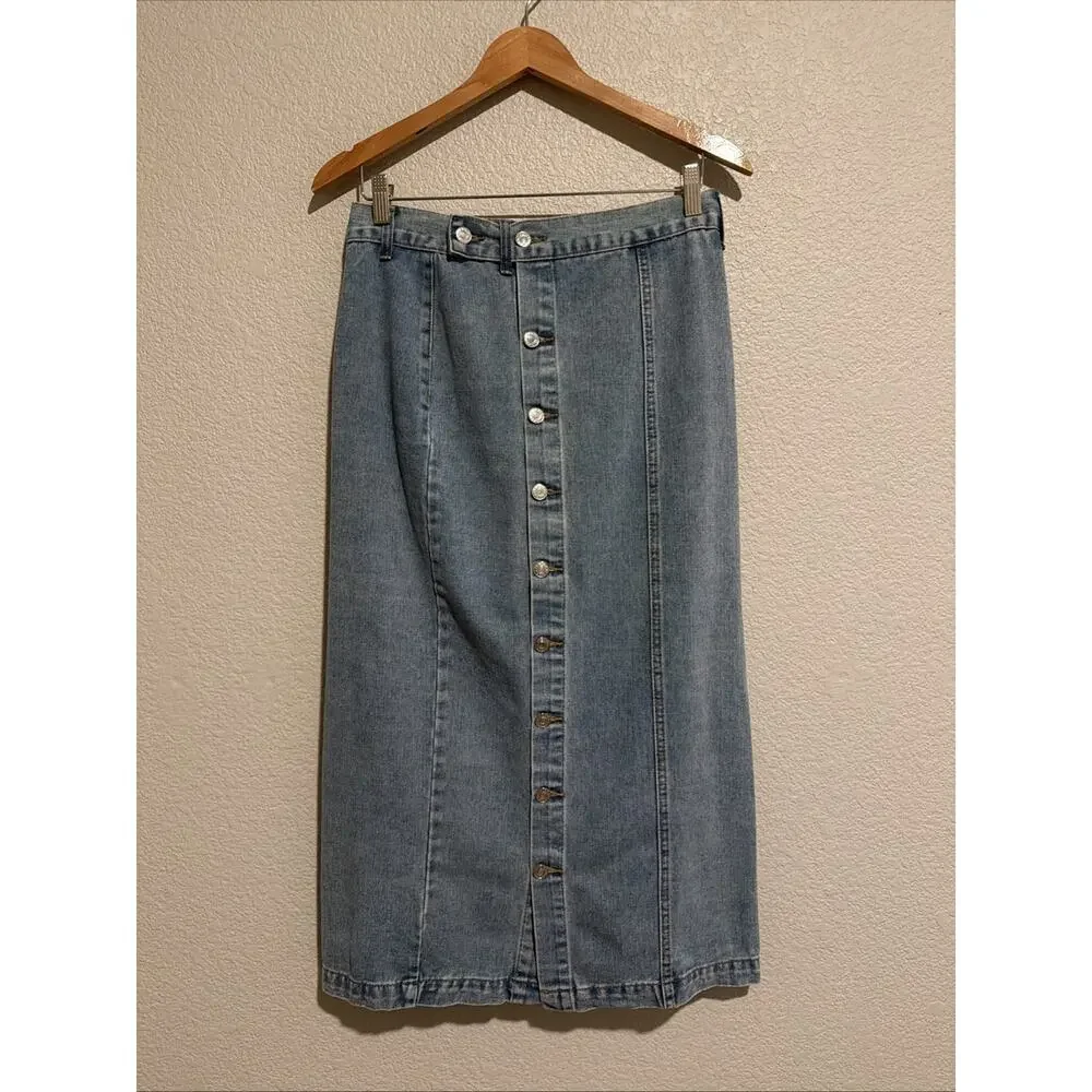 Boutique Denim Blue Jean Maxi Skirt Y2K 90s Grunge Western Country Button Up L